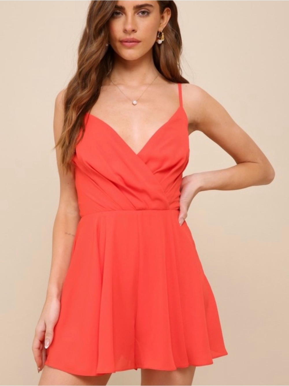 Lulu's Coral-Red Wrap V-Neck Spaghetti Strap romper